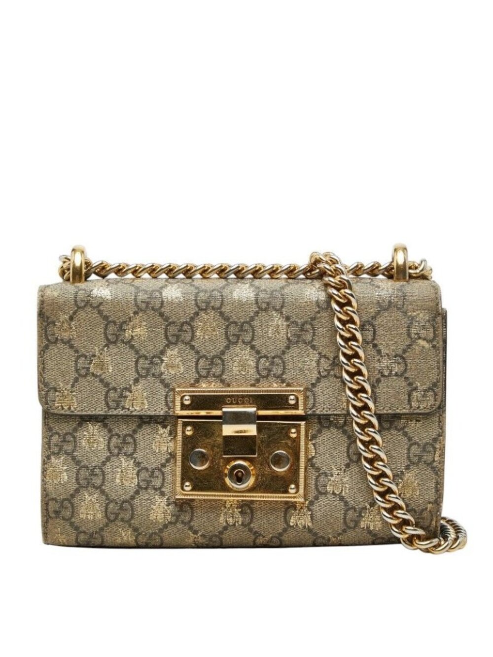 Gucci GG Supreme Padlock Chain Shoulder Bag Black Gold Leather